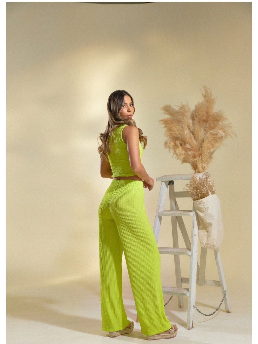High-Rise Ribbed Wide-Leg Pants in Lime Green - Picture 2 of 4